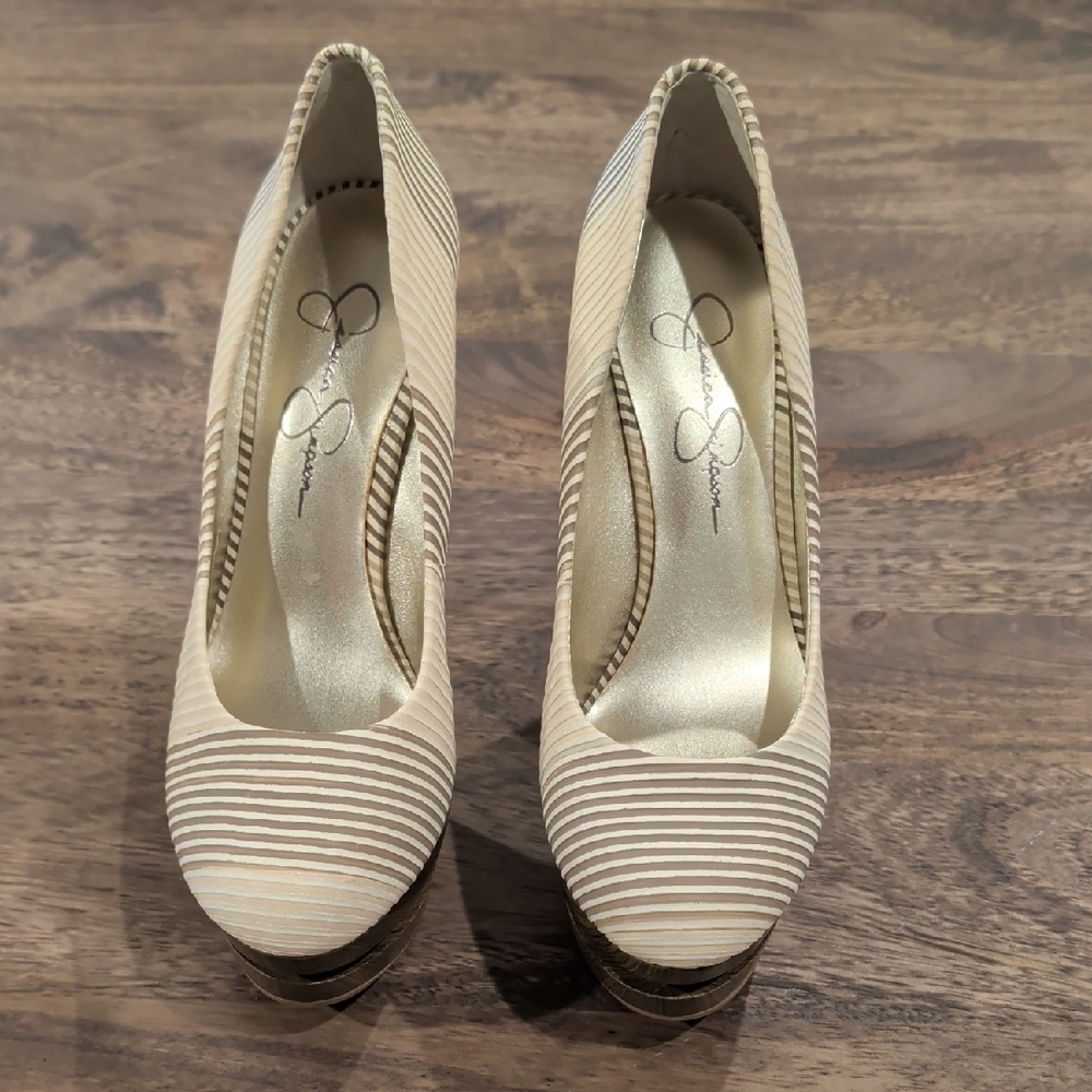 Jessica Simpson Striped Neutral Leather & Wood Platform Heels